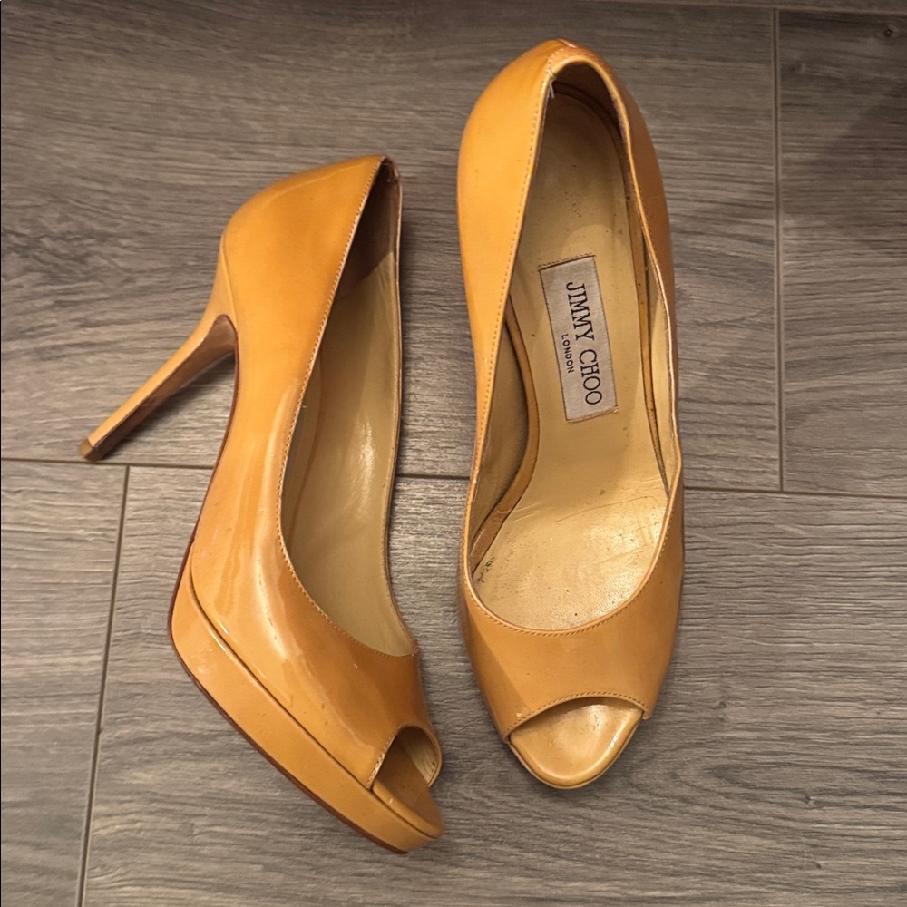 Jimmy Choo Mustard Peep Toe Heels 7 1/2